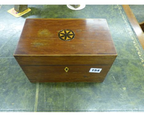 REGENCY MAHOGANY RECTANGULAR TEA CADDY WITH INLAID ROUNDEL 24CM X 14CM 