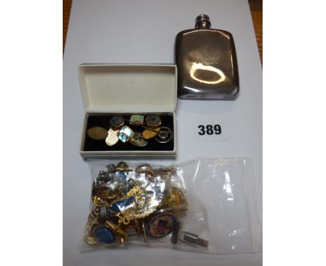 ASSORTED CUFFLINKS,STICK PIN SILVER SIGNET RING, EPBM PLATED HIP FLASK ETC