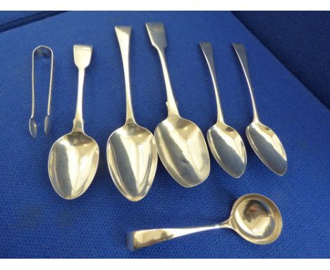 HM SILVER GEORGIAN BRIGHT CUT SUGAR TONGS,SHEFFIELD LADLE,5 LONDON SPOONS 8.5 OZ APPROX