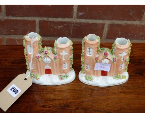 PAIR OF LATE 19TH/EARLY 20TH CENTURY STAFFORDSHIRE CLOCK TOWER SPILL VASES 12CM HIGH APPROX 