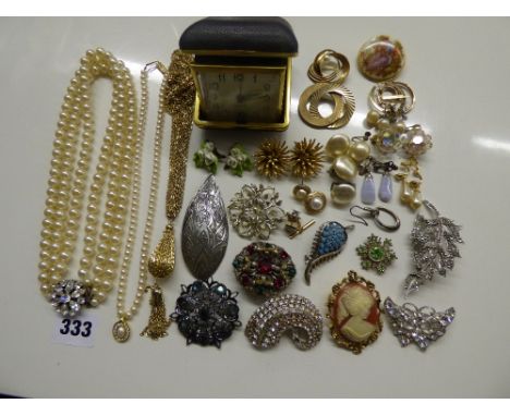 ASSORTED COSTUME JEWELLERY- CLIP ON EARRINGS,SIMULATED PEARL EARRINGS,,SPRAY BROOCHES,TRAVEL CLOCK 2 CASES OF SIMULATED PEARL