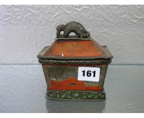 19TH CENTURY LEAD ENAMEL PAINTED SARCOPHAGUS CASKET ,THE COVER WITH FISH FINIAL 11CMX11CM