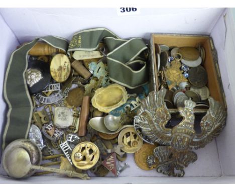 MISCELLANEOUS MILITARY BADGES,INSIGNIA,ENAMEL PIN BADGES,WWI MEDAL-BOX OF PRE DECIMAL AND WORLD COINS,BONE APPLE CORER,TUNIC 