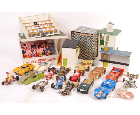 A collection of original vintage Scalextric 1/32 scale slot racing cars, accessories and spares to include 10x vintage cars, 