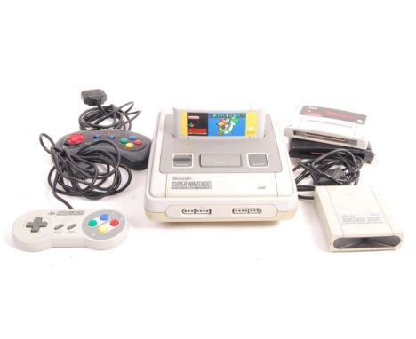 A vintage Snes Super Nintendo Entertainment System video games computer console along with official A/C adaptor, official aer