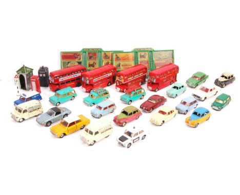 A collection of 25+ assorted vintage Dinky and Corgi Toys diecast models to include 4x Routemaster buses, Ford Cortina, Jagua