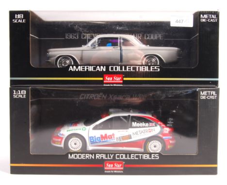 Two Sun Star 1/18 scale precision diecast model cars to include; Modern Rally Collectibles 4472 Citroen Xsara WRC #8 Bettega 