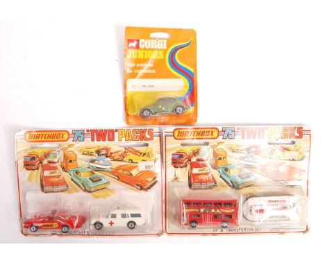 Two original vintage Matchbox made 75 series Two Packs comprising TP-10 Fire Chief &amp; Ambulance and TP-8 Transporter Set. 