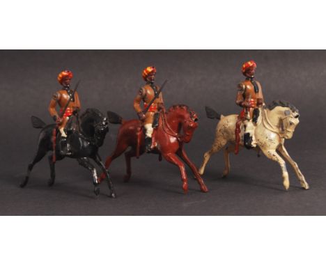 A set of x3 rare early Britains lead soldiers ' 1st Bengal Cavalry ' and 1x ' 3rd Madreas Light Cavalry ' Trumpeter. All moun
