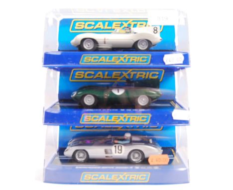 Scalextric - a collection of x3 Scalextric 1/32 scale slot racing cars - comprising; C3308 Jaguar D-Type 1956, C3486 Jaguar D