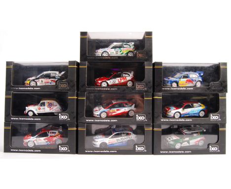 A collection of 10x assorted IXO 1/43 scale precision diecast model cars to include; RAM277 Skoda Fabia WRC #12 Rally Sweden 