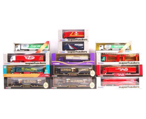 A collection of 13x assorted Corgi scale diecast model haulage vehicles to include; 59530 Guiness - Volvo Tanker, 59513 ERF S