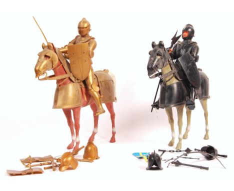 Two original vintage Louis Marx Toys made Noble Knight collection: Sir Cedric The Black Knight riding Armoured Horse Valiant 