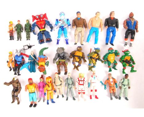 A collection of 20+ assorted original vintage 1980's Kenner, Playmates, LJN , Galoob made action figures to include: A Team s