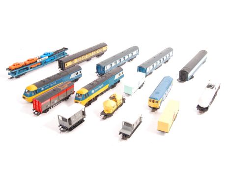 A collection of 00 Gauge model railway train set locomotives and rolling stock mostly Hornby to include; Inter City 125 dummy