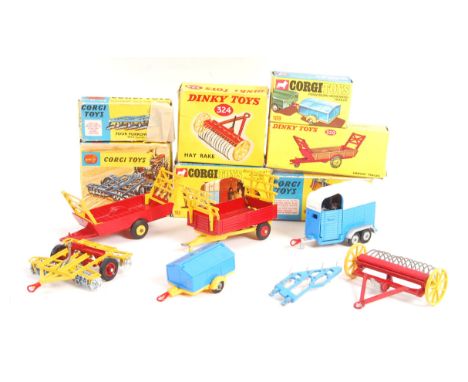 A collection of x7 original vintage Dinky Toys & Corgi Toys made boxed diecast model farming tools / accessories. Each within