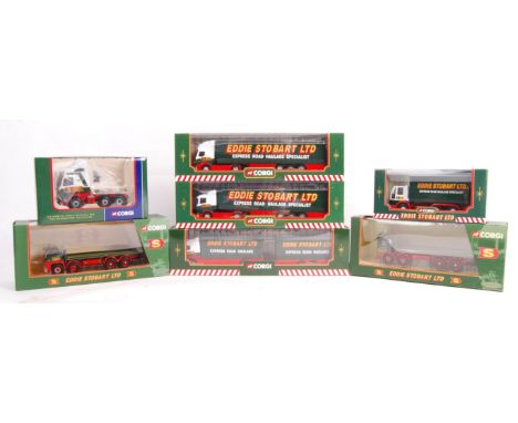 A collection of 7x assorted scale diecast Eddie Stobart haulage vehicles to include; CC12405 Volvo FM Tractor, 59601 Ford Car