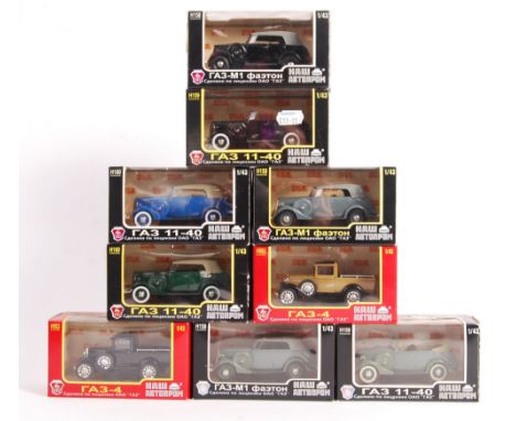 A collection of 9x assorted Russian Gaz 1/43 scale diecast cars to include; 179915, 179929, 179927, 179927, 179916, 179931, 1