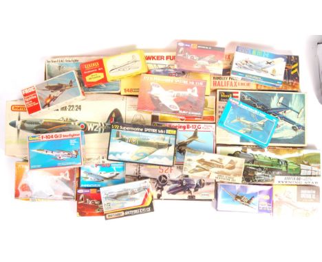 A large collection of approx 30 assorted scale model kits comprising of mostly military aircraft including Frog, Heller, Airf