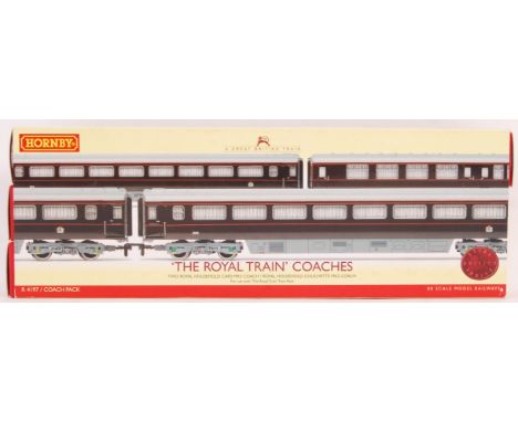 A Hornby made 00 gauge model railway boxed coach set R4310 ' The Royal Train Coaches '. Comprising of; 2920, 2919 and 2918. A