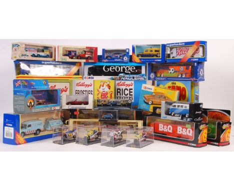 A collection of 25+ assorted scale diecast models to include: Maisto, 1/18, Corgi, Superhaulers, Carrarama, Lledo, gift sets 