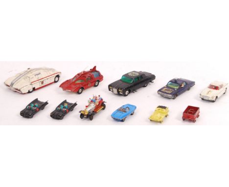 A collection of 10x original vintage TV &amp; Film related diecast models. Comprising: Husky Batmobile x2, Man From Uncle Car