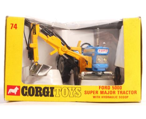 An original vintage Corgi Toys made boxed diecast model No. 74 Ford 5000 Super Major Tractor - With Hydraulic Scoop '. Model 