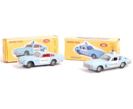 Two ADMC_code3 made Dinky Toys custom 1/43 scale diecast model Police cars - Aston Martin DB6 and Jensen FF. Both in blue and