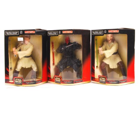 A set of x3 Hasbro made Star Wars Episode I boxed 12" scale inter-locking movable ' Mega Collectible ' action figures - Obi W