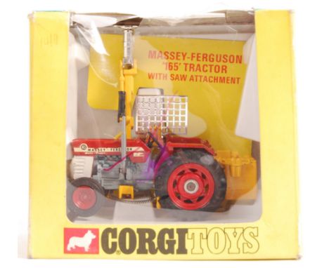 An original vintage Corgi Toys boxed diecast model No. 73 ' Massey Ferguson '165' Tractor With Saw Attachment '. Model appear