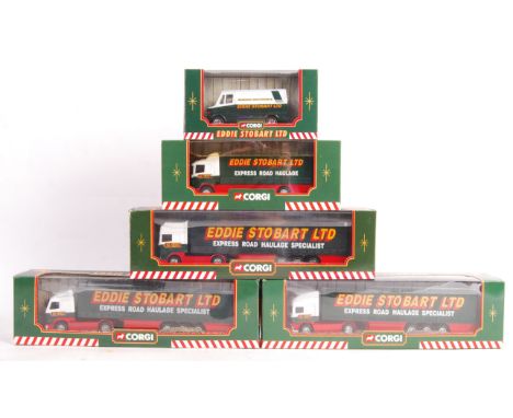 A collection of 5x assorted Corgi scale diecast Eddie Stobart haulage vehicles to include; 59504 Volvo Curtainside Trailer, 5
