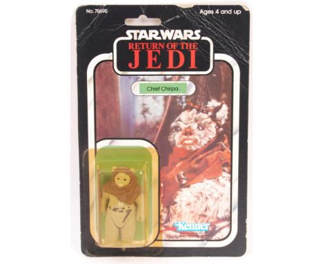 An original vintage Kenner made Star Wars carded MOC action figure ' Chief Chirpa '. Figure appears mint and fully factory se