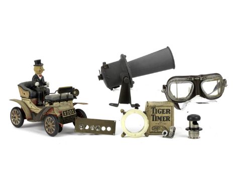 Assorted Automobilia,comprising a Klaxet 12V electric horn, painted grey, numbered 'K401545' to brass plaque, 24cm long, with