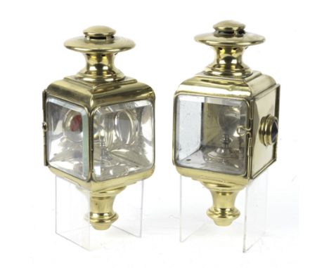 A pair of Bleriot No.55 oil-illuminated brass carriage lamps, French,polished brass squared bodies, each with two bevelled cl