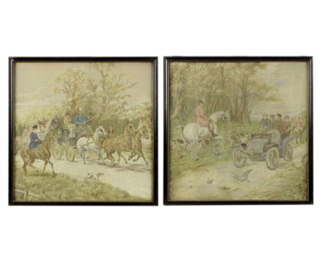 A pair of tapestry works,each depicting a country scene, the first depicting a coach and horses passing through a village, th