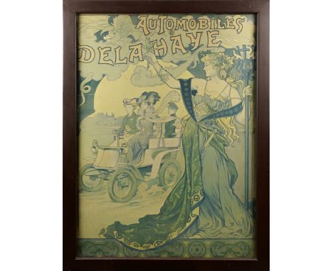 An 'Automobiles Delahaye' advertising poster, French, circa 1901,colour lithograph on paper, decorated with ornate image of a