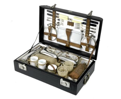 A cased picnic set for four persons, by Drew &amp; Sons of Piccadilly, London, mid-1920s,black leather-cloth case with nickel