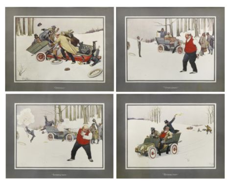 Maurice Pillard (French, 1869-1942) set of four lithographs, French, circa 1908,a rare, complete framed set of four humorous 