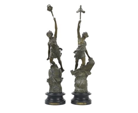 'Automobile' &amp; 'Aviation'; a standard size pair of allegorical figures after Ferrand, circa 1907,hollow cast spelter with
