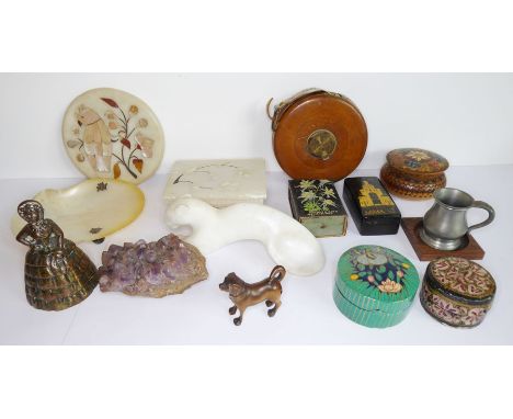 A good selection of items to include pietra-dura-inlaid hardstone, a Chinese white-metal-mounted mother of pearl shell as a t