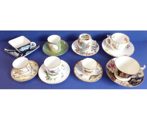 Eight various coffee cans and tea cups and saucers: to include an early 19th century example hand-gilded against cobalt-blue 