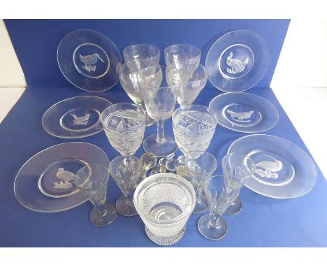 Various quality glass to include hand-cut drinking glasses, six signed ice plates, a small intricately hobnail-cut sweetmeat 
