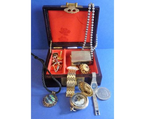 A Chinese hardwood jewellery box decorated with a Shou character containing various jewellery and bijouterie; to include cuff