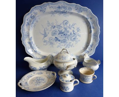 A large mid-19th century ceramic blue-and-white platter in the 'Asiatic Pheasant' pattern together with mostly 19th century b