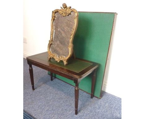 A green-baize-topped card table with folding base together with a reproduction mahogany occasional table with green-leather-i