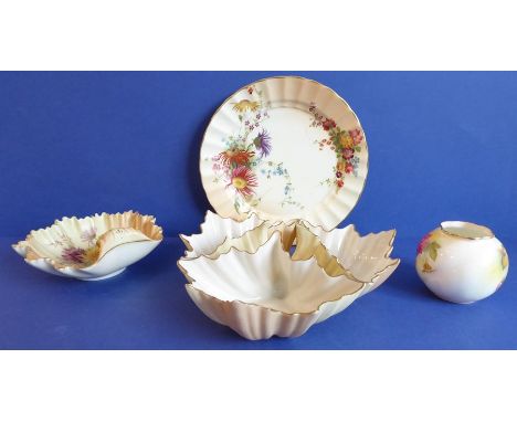 Four pieces of early 20th century Royal Worcester Blush porcelain: a side dish, a shell-shaped trinket dish, a triple shell d