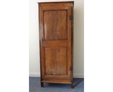 A 19th century French elm armoire of slim proportions; single panelled door opening to reveal a shelf and hanging space, rais