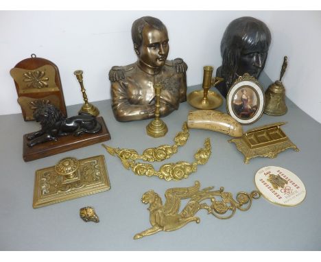 A variety of items to include brassware, an oval portrait miniature, two busts of Napoleon to include a French porcelain head