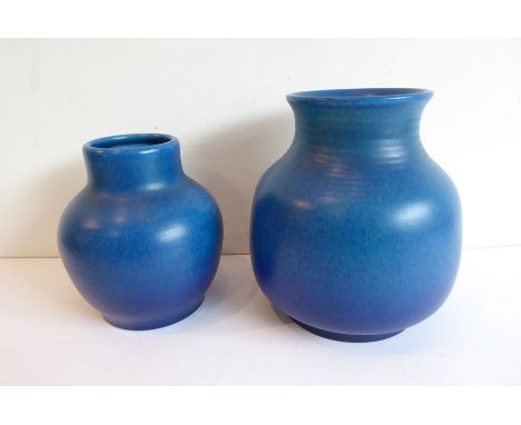 Two Royal Lancastrian electric-blue porcelain vases (19cm and 15cm high)