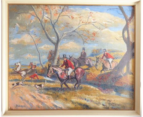 A cream-framed oil on artist's board study of fox hunting, signed lower left Beeson (50cm x 60cm)